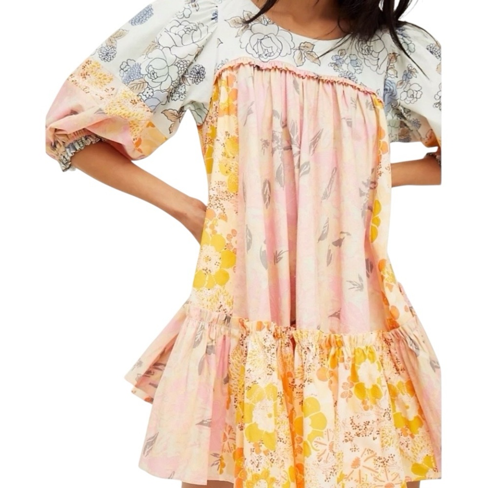 Free People Prairie Field Tunic Mini Dress Puff Sleeve Floral Cottagecore XS